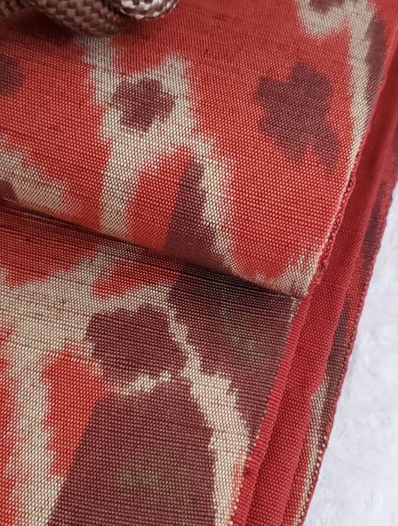 異国風の袋帯 イカット インドネシア エスニック 赤茶 正絹