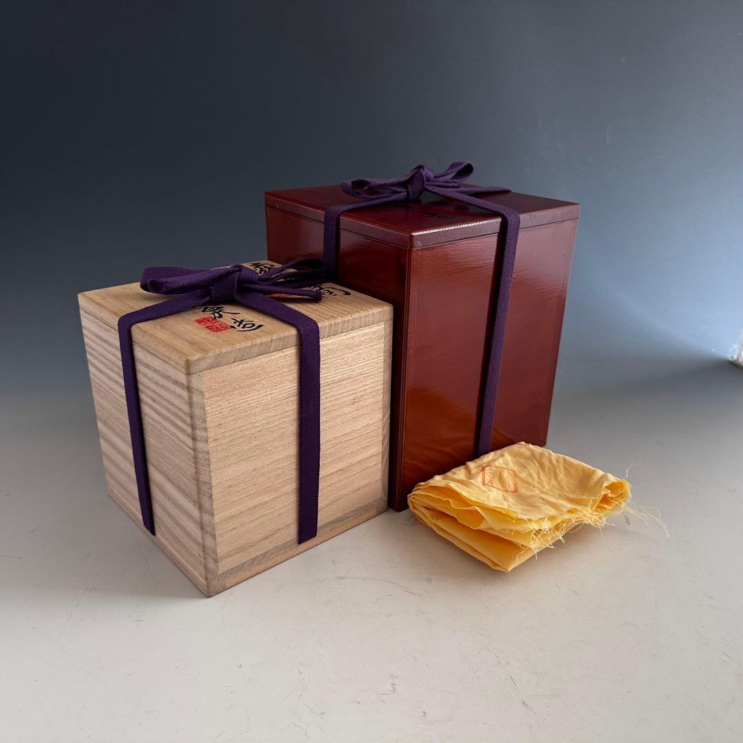 工芸品 赤絵 四君子図 香炉 五代 三浦竹泉 二重箱 信幸造純銀火舎 付