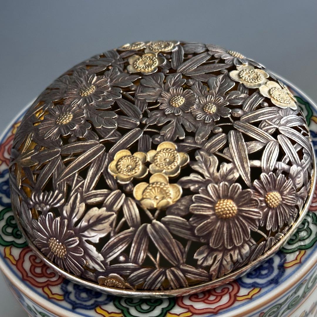 工芸品 赤絵 四君子図 香炉 五代 三浦竹泉 二重箱 信幸造純銀火舎 付