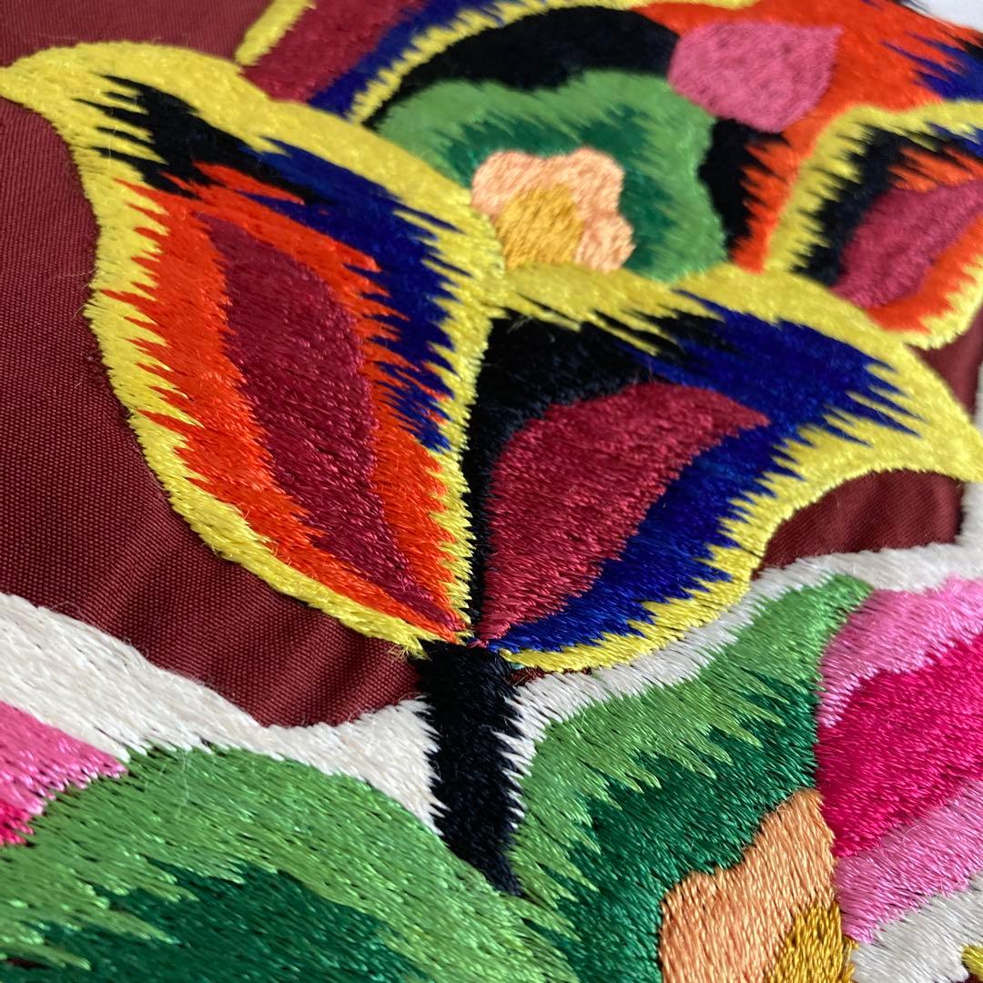 アンティーク名古屋帯　刺繍の花唐草　チョコレートブラウン　正絹　No.6-28