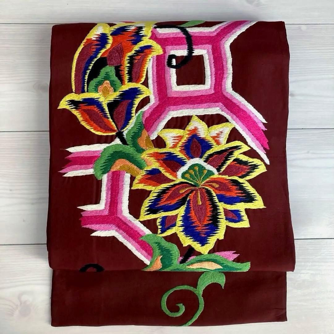 アンティーク名古屋帯　刺繍の花唐草　チョコレートブラウン　正絹　No.6-28