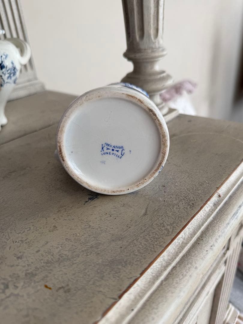 フランスアンティーク陶器リュネビィル窯Mesange 青い花と小鳥の