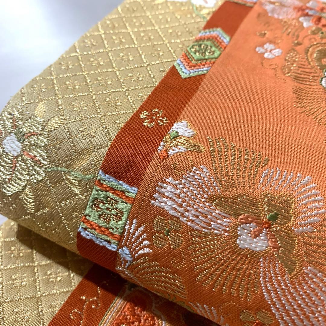 名古屋帯 正絹 オレンジ 金糸 華文 鳳凰文 吉祥文様 古典柄 礼装