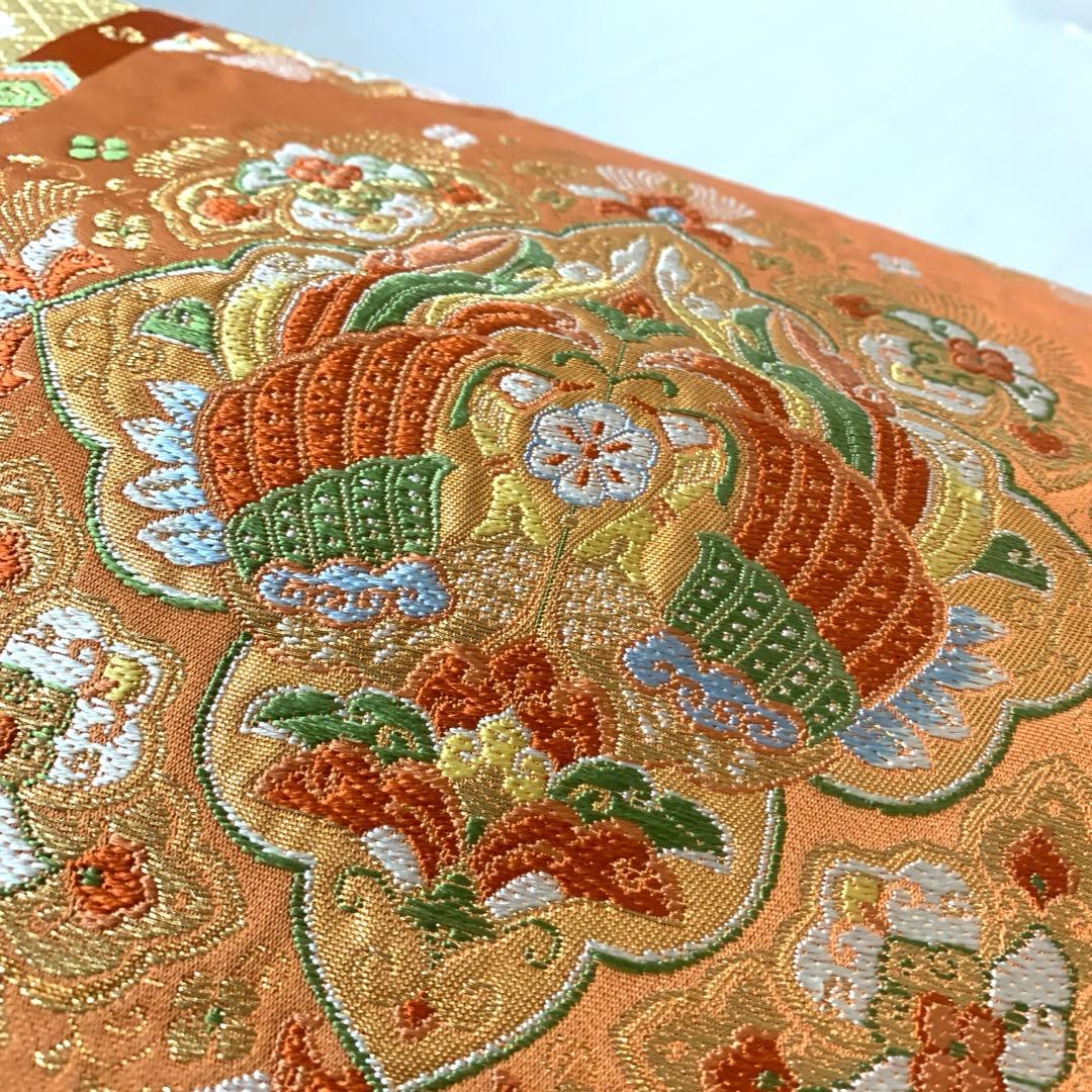 名古屋帯 正絹 オレンジ 金糸 華文 鳳凰文 吉祥文様 古典柄 礼装