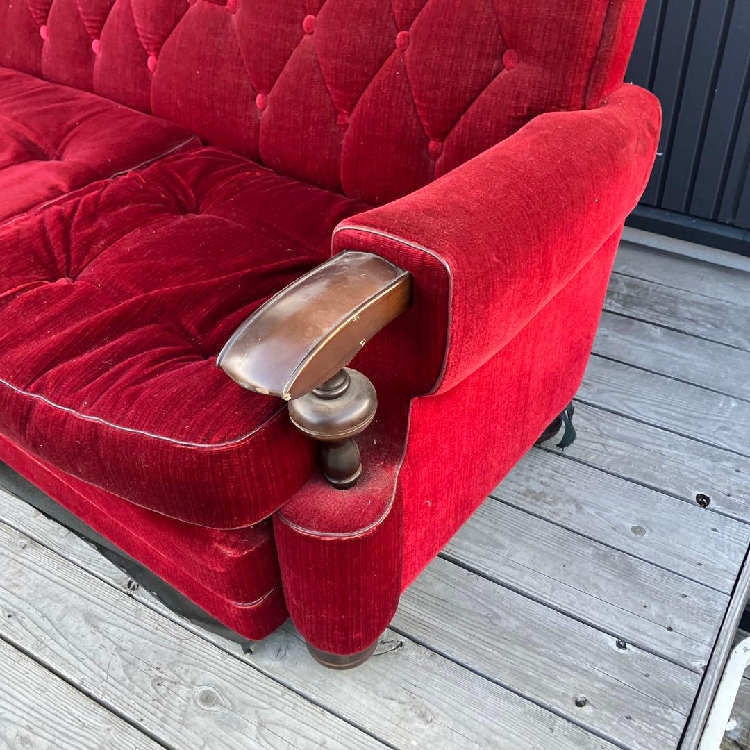 昭和レトロ 古家具 三人掛けベロアソファー アームチェア ヴィンテージ