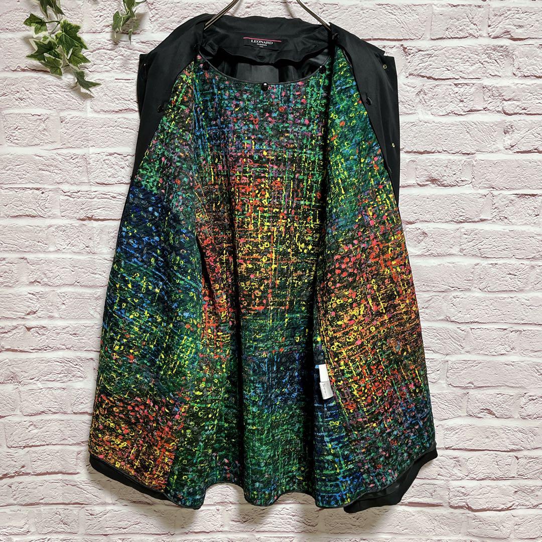 レオナール】シルク100% 裏地マルチカラー 総柄 金ボタン コート M相当