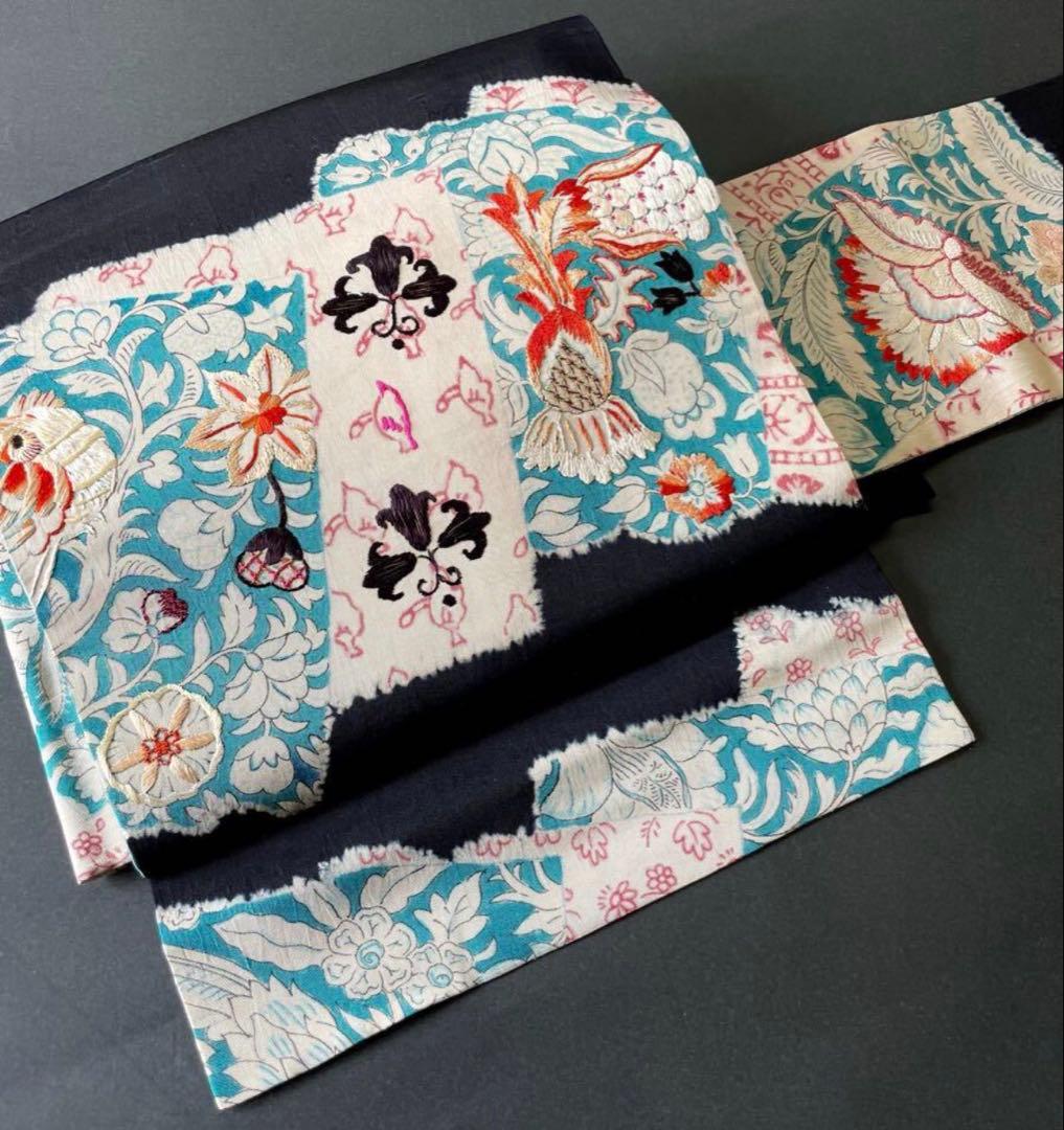 アンティーク 更紗 手刺繍 鳥 二部式帯 名古屋帯 大正ロマン 正絹