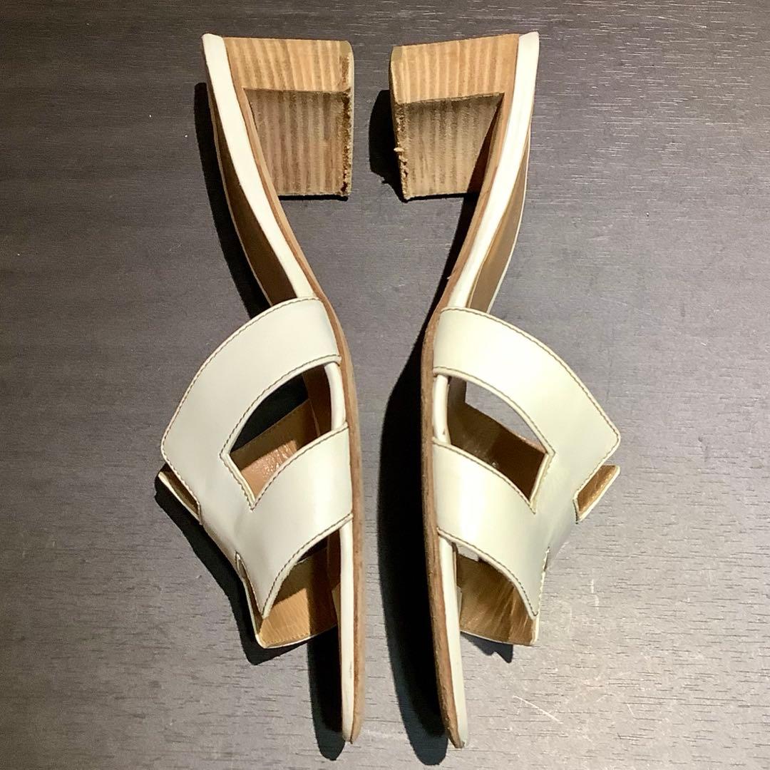 HERMES エルメス オアジス H レザー サンダル ミュール ヒール 白