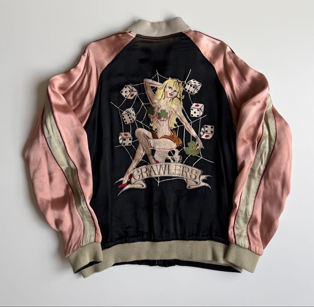 スカル刺繍 スカジャン サテン 黒ピンク - メルカリ