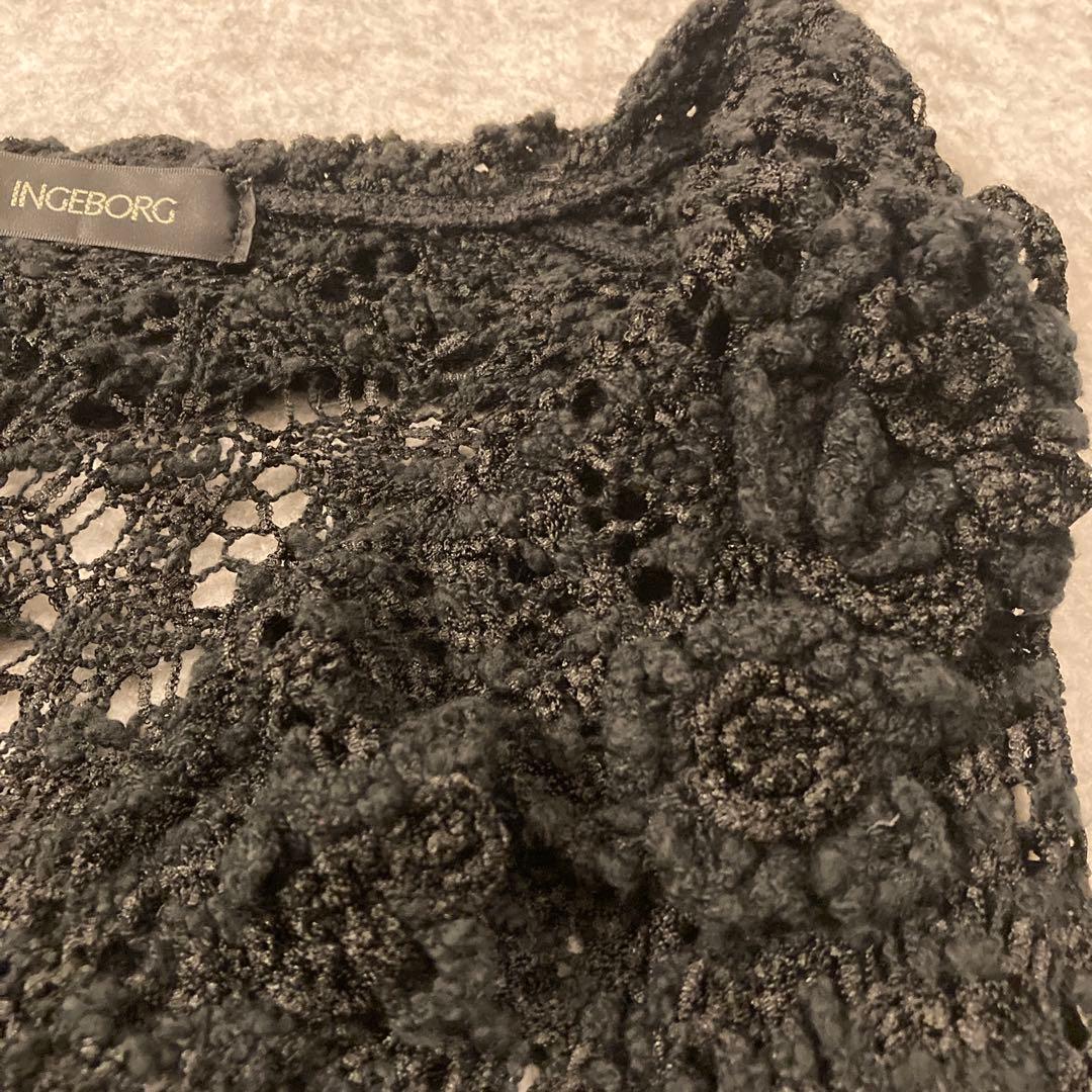 INGEBORG ブラック レース編みカーディガン フラワーモチーフ 日本製