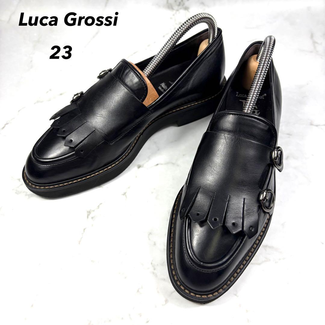 Luca Grossi レザー フリンジ モンクストラップ ブラック (23) ルカ グロッシ Luca Grossi 異素材コンビモンクストラップシューズ