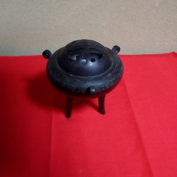 古銅製香炉 香炉/香器『高岡銅器【夏目型獅子蓋香炉/竹彫金/古手色】銅製』竹中