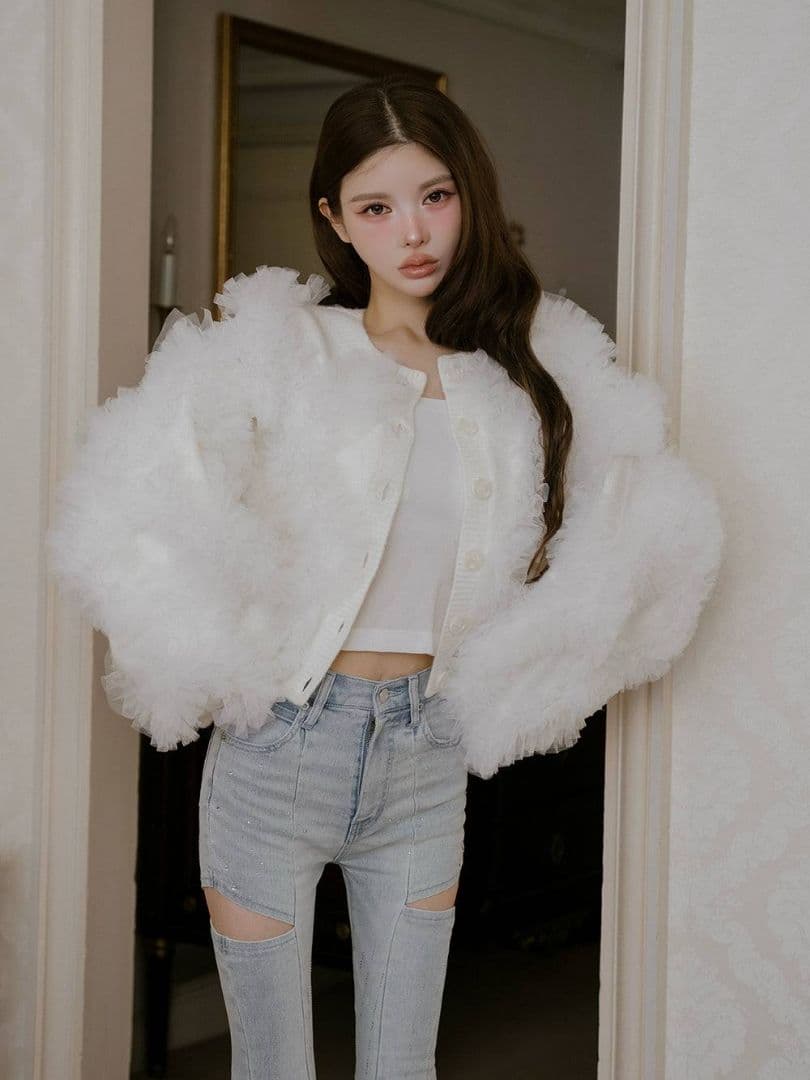 ダーリッチ チュールボリュームニットカーディガン ホワイト - メルカリ