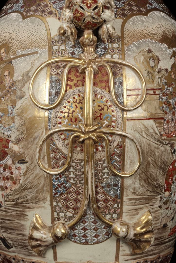 極上薩摩焼】特大金襴手色絵賢人図獅子摘蓋獅 香炉 飾壺 時代