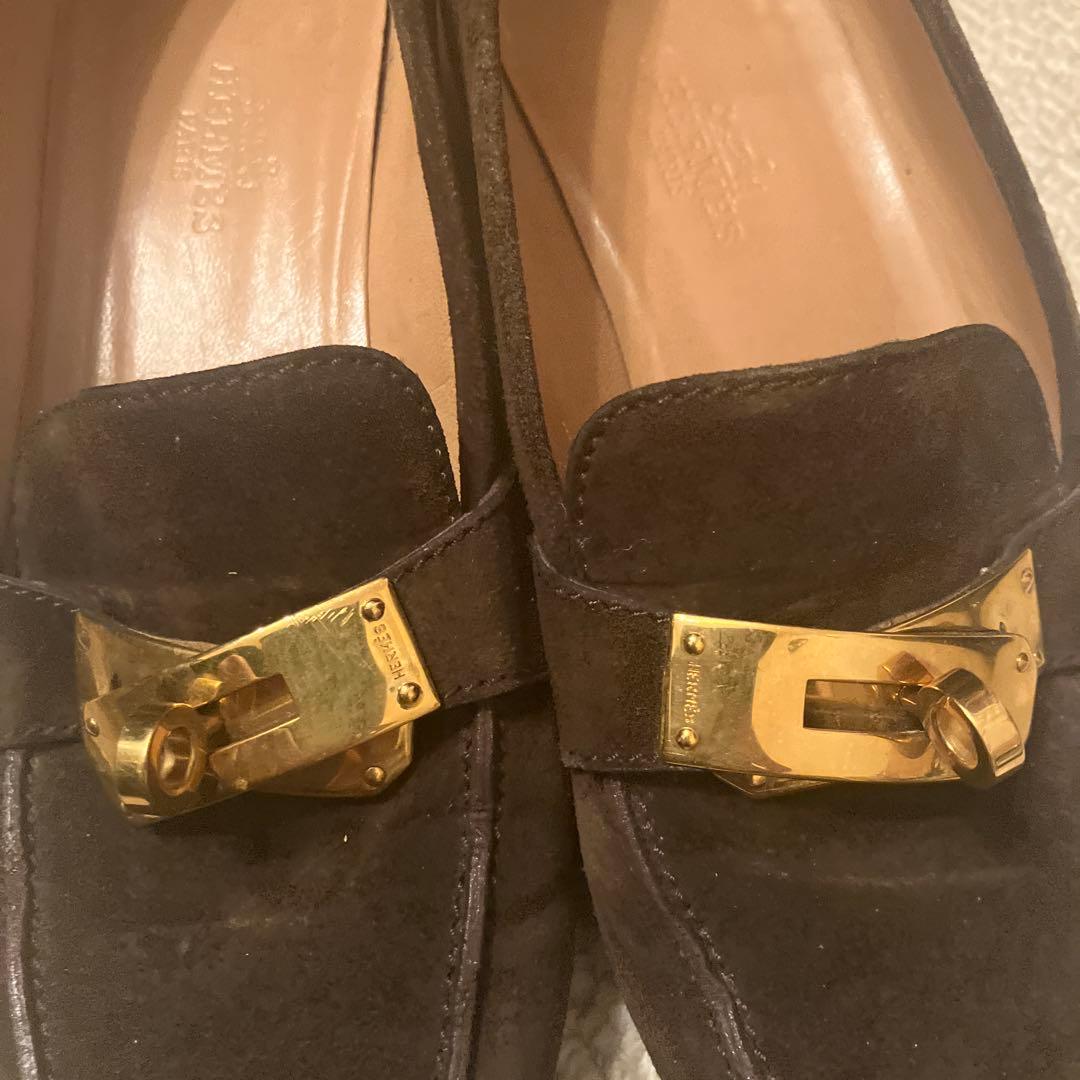 エルメスダークブラウン スエード ローファー ゴールドバックル - メルカリ