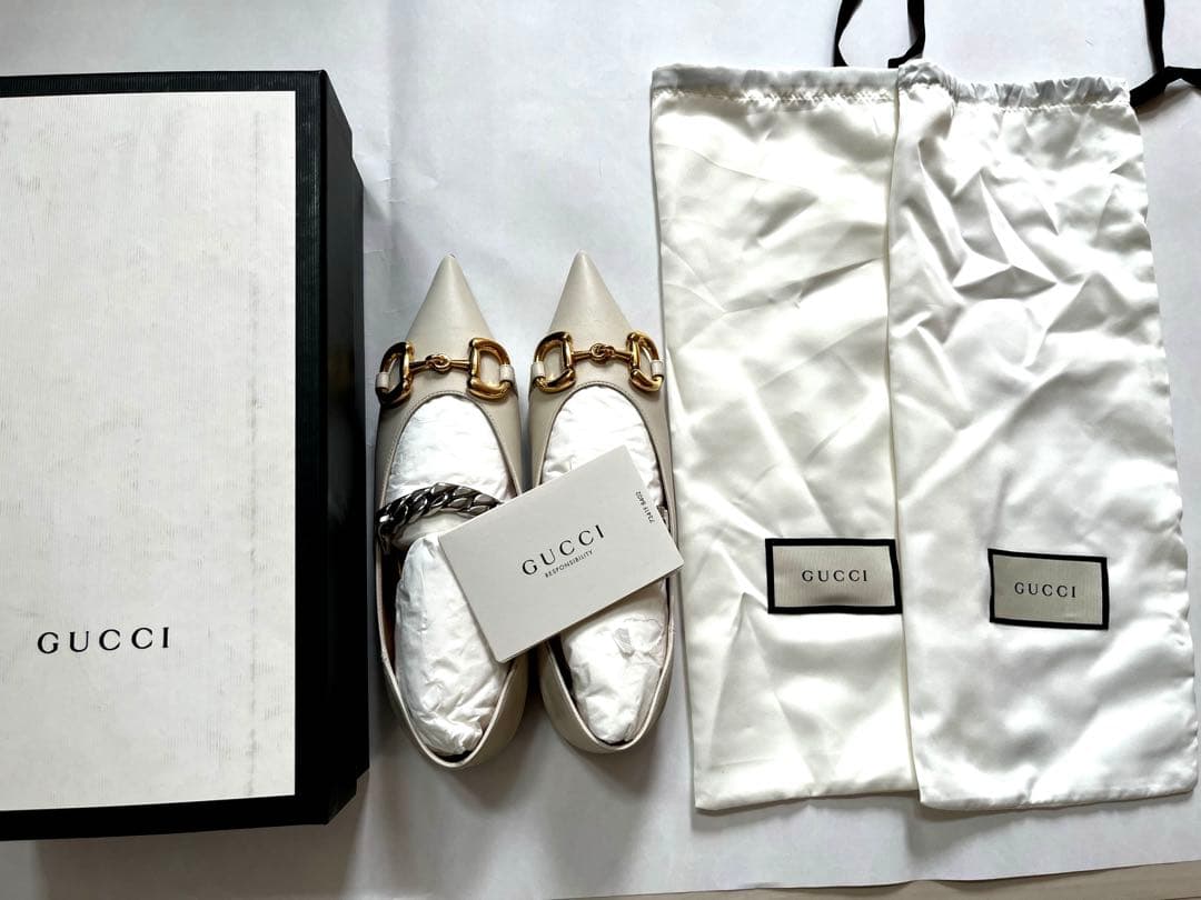 GUCCI ホワイトレザーホースビットフラットシューズ 2WAY 新品