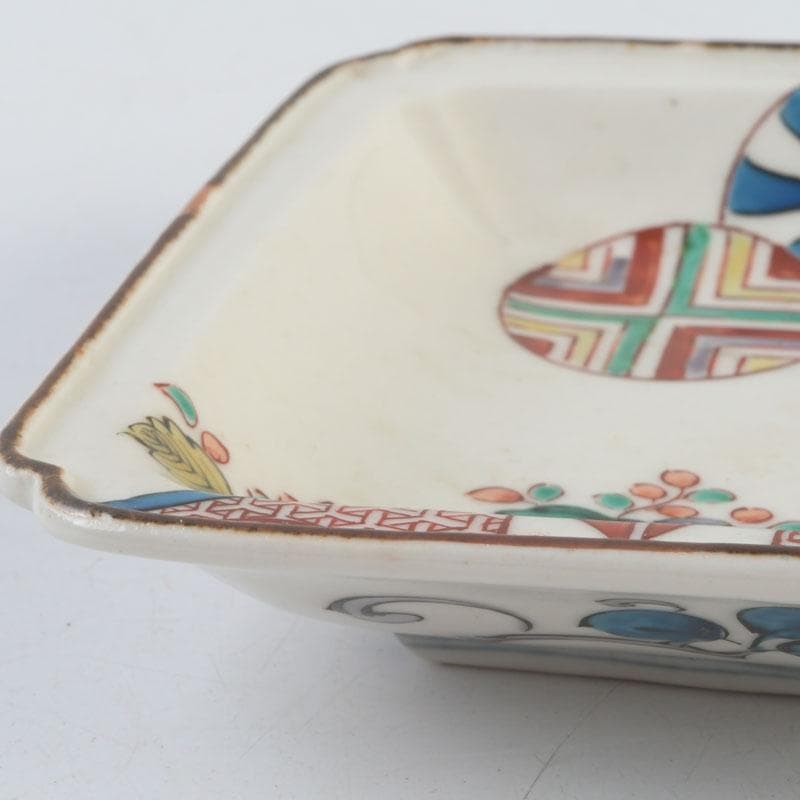 九谷焼 古九谷 角福銘 色絵花草文 四方皿 時代箱 C 9248