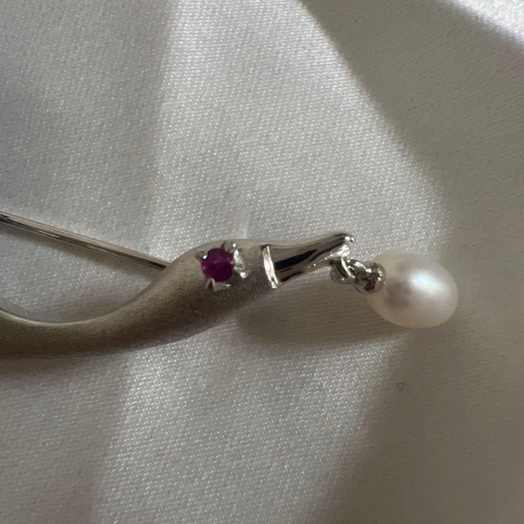 美品✨田崎真珠 タサキ パール ルビー ブローチ 白鳥 ブラックスワン