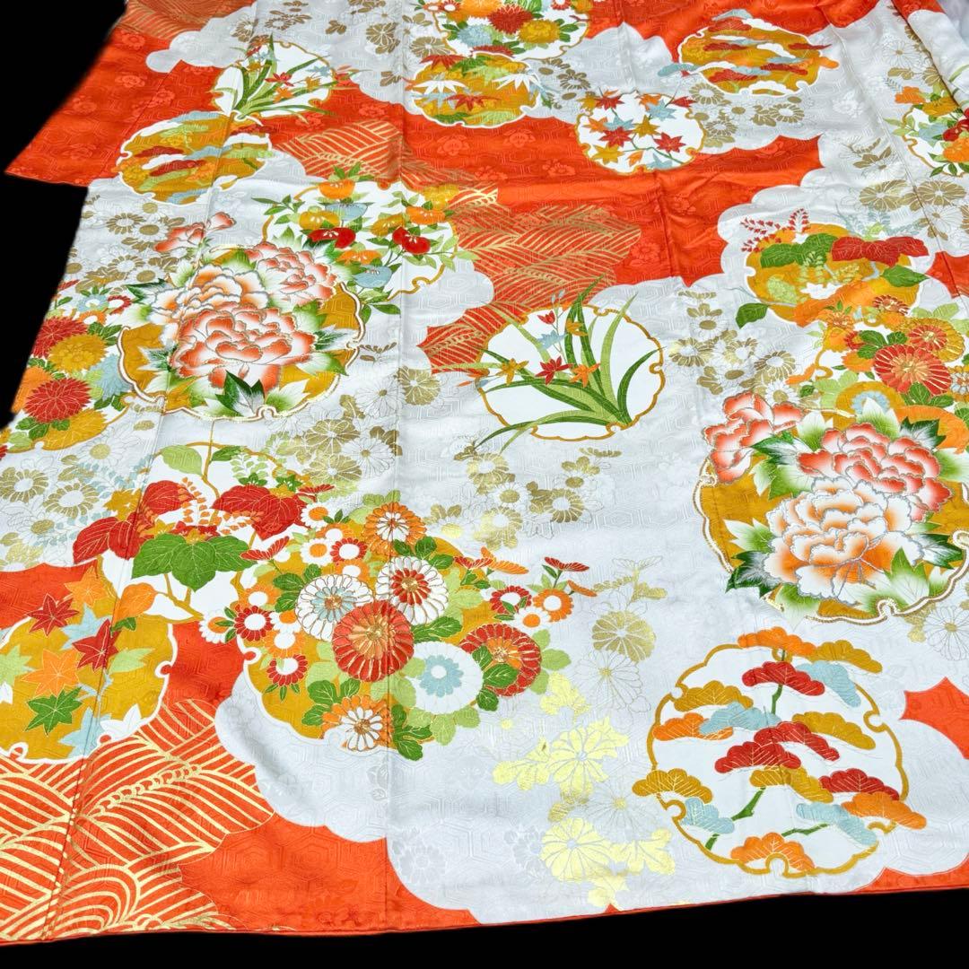 振袖フルセット 古典柄 トールサイズ 161〜171 白地オレンジ 正絹 成人