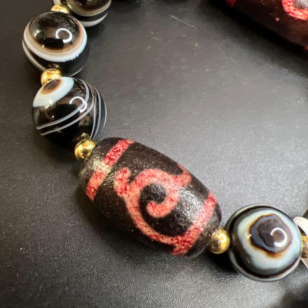 高包漿 辰砂供 グリーンタラと結晶質縞瑪瑙 線天珠 天眼