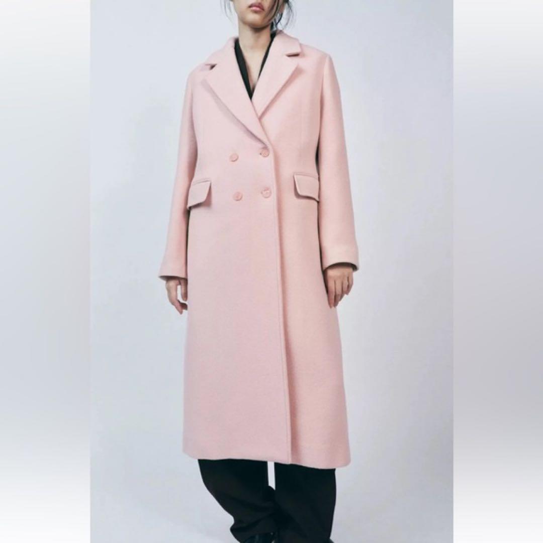 こじ様】ZARA ピンク ダブルブレスト ロングコート - メルカリ