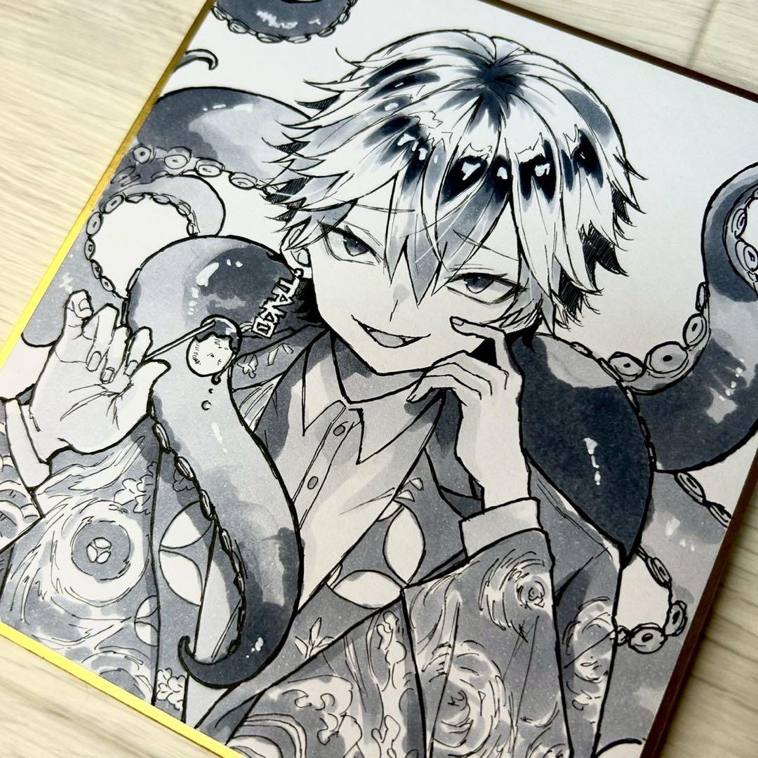 原画一点物】オリジナル男子 手描き色紙イラスト たこ焼き モチーフ