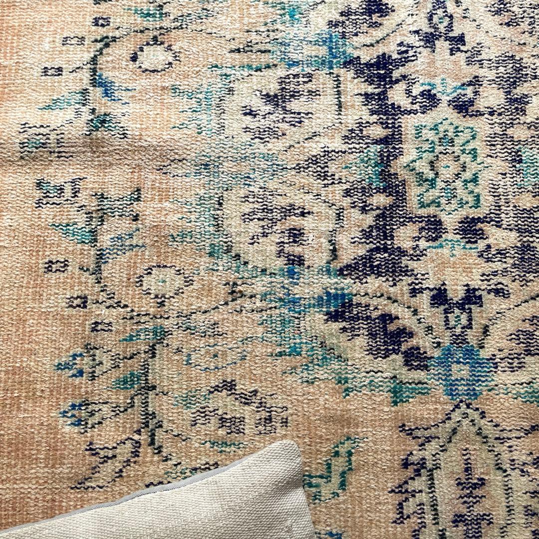 99×222 ペールベージュ×ブルー メダリオン 擦れトルコヴィンテージラグ