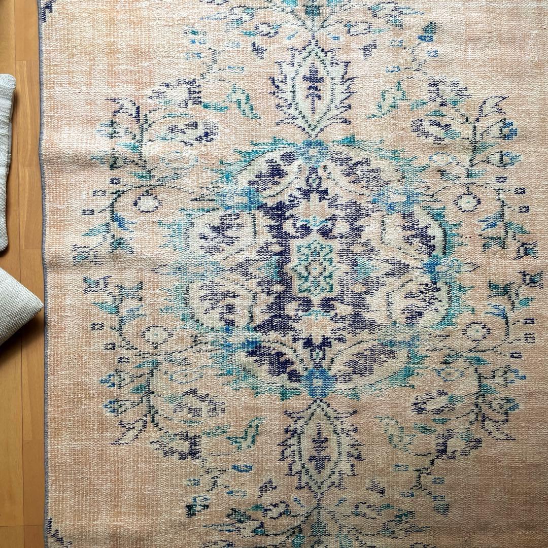 99×222 ペールベージュ×ブルー メダリオン 擦れトルコヴィンテージラグ