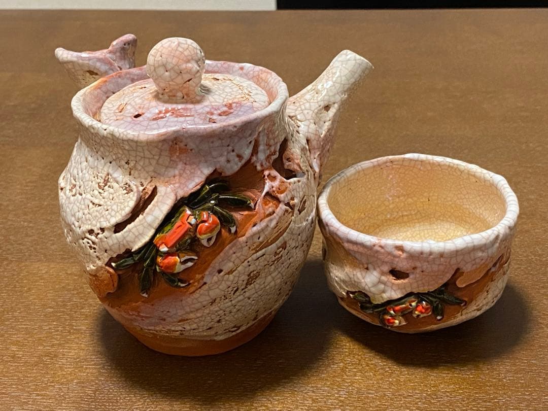 希少！新品未使用】楽山焼 天神蟹煎茶器揃6点セット 急須 湯呑み 蟹