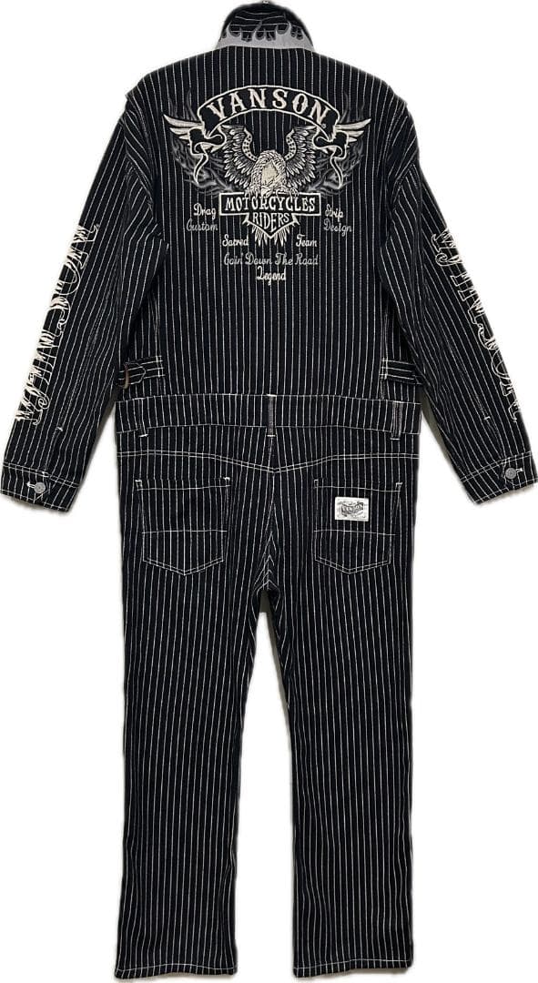 ＊VANSON ウォバッシュ イーグル 刺繍 襟 袖 プリント つなぎ XL VANSON（バンソン） フライングスター刺繍 ウォバッシュストライプ