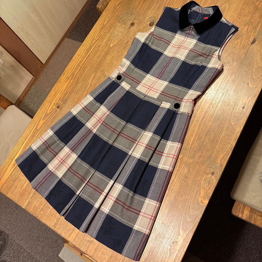 【美品 希少】Yorkland チェック ノースリーブワンピース 訳あり】Yorklandヨークランド／チェックワンピース S ベージュ ウール