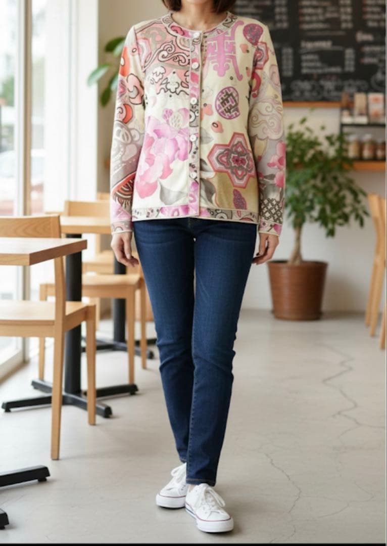 LEONARD レオナール 長袖 花柄ピンク系 カーディガン サイズL