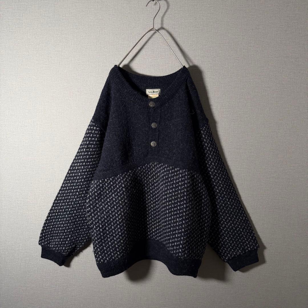 ノルウェー製★L.L.Bean バーズアイニット ハーフボタン ネイビー 人気L