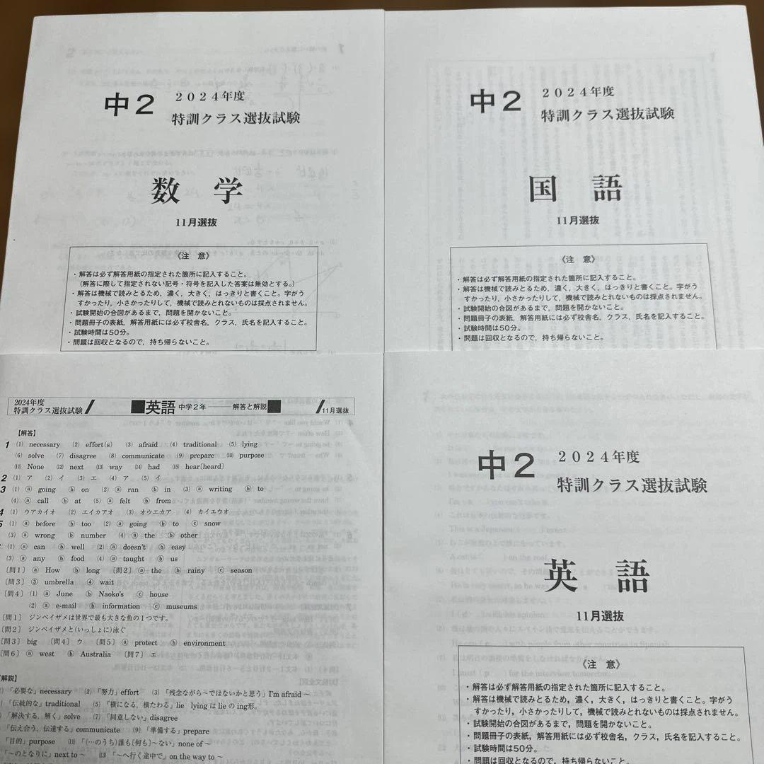 早稲田アカデミー 中2特訓クラス選抜試験2024年度11月選抜 - メルカリ