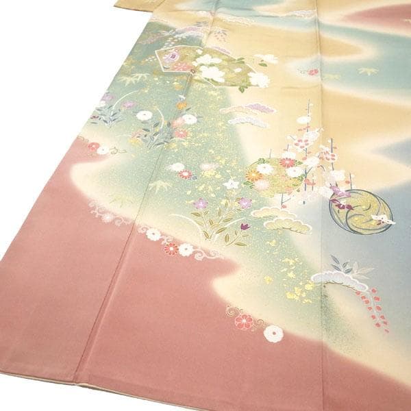 訪問着 着物 手描き友禅 金彩加工 5色ぼかし 裄65.5 M 中古 sn649