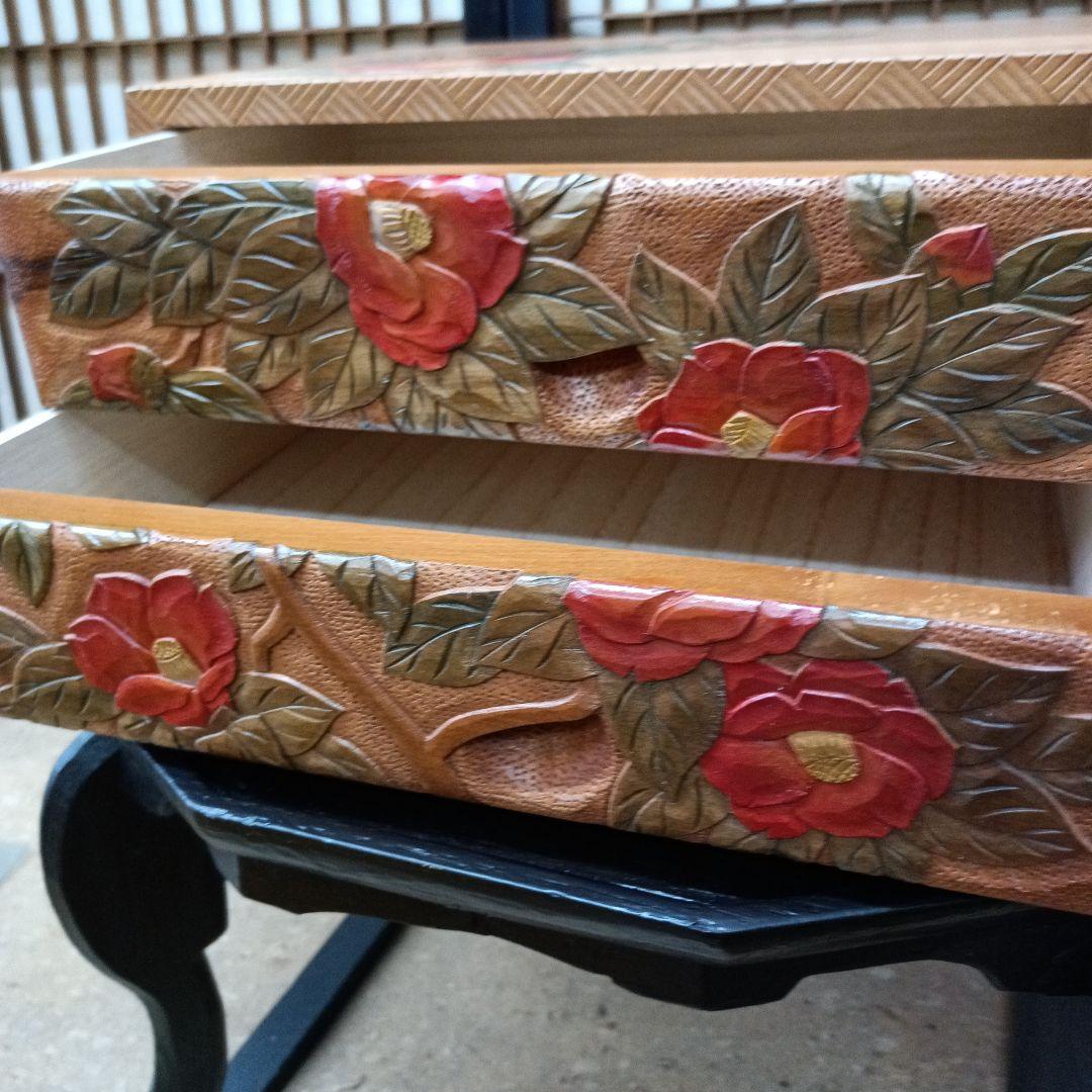 日光彫り二段抽斗(ひきだし)　赤椿　最終価格