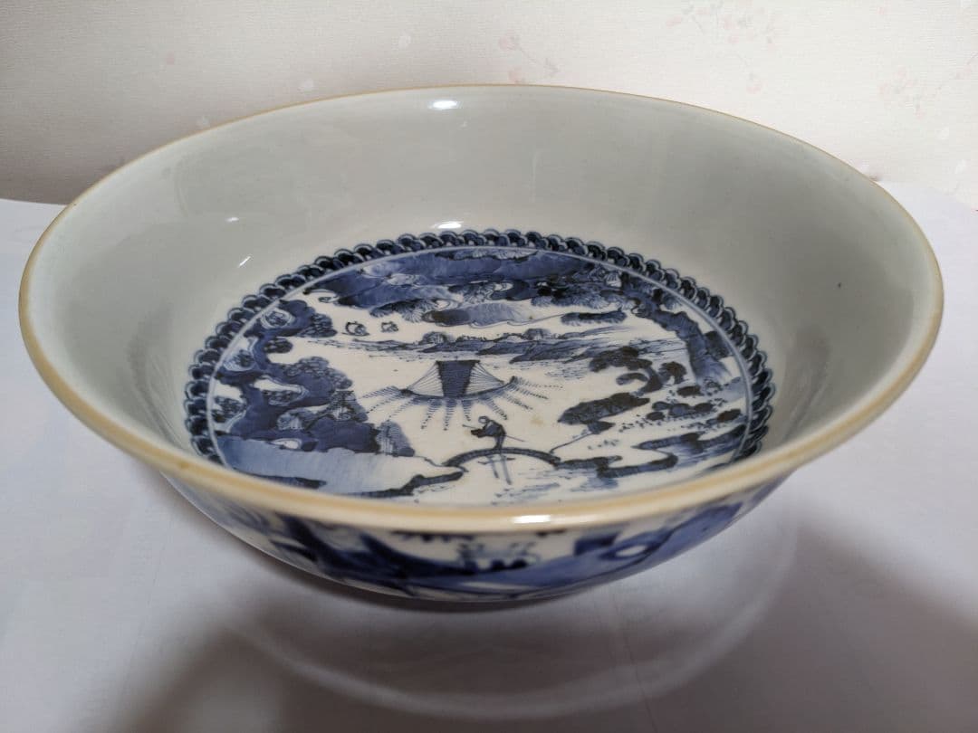 ♢江戸時代上手物古伊万里 大明成化年製 染付霊芝賢人山水図 七寸鉢