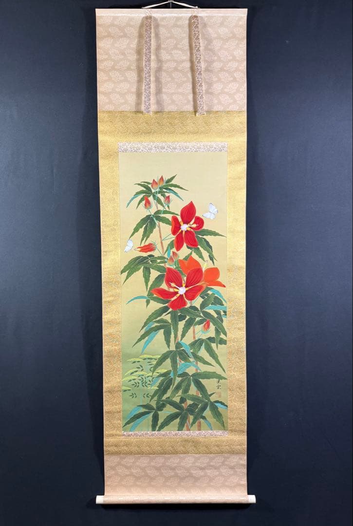 K96 渓雲 「紅葉と葵」 掛軸 日本画 絹本 共箱 - メルカリ