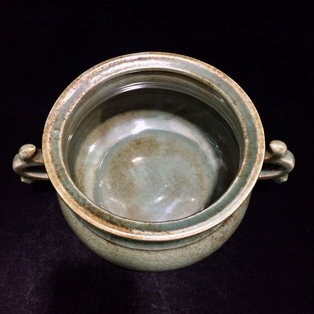 文房具雙耳香爐 宋時代汝窯 陶器冰裂纹 貫入