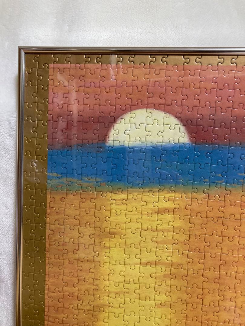 千P⑫夕日にボートと鳥 ジグソーパズル 金属額 長良川の鵜飼？夕暮れに飛ぶ