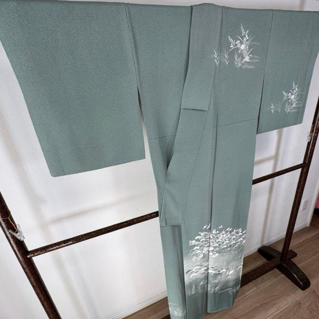 超美品 正絹 袷 現代 訪問着 着物 159裄 65 青緑 薄緑 正統派 松 鶴