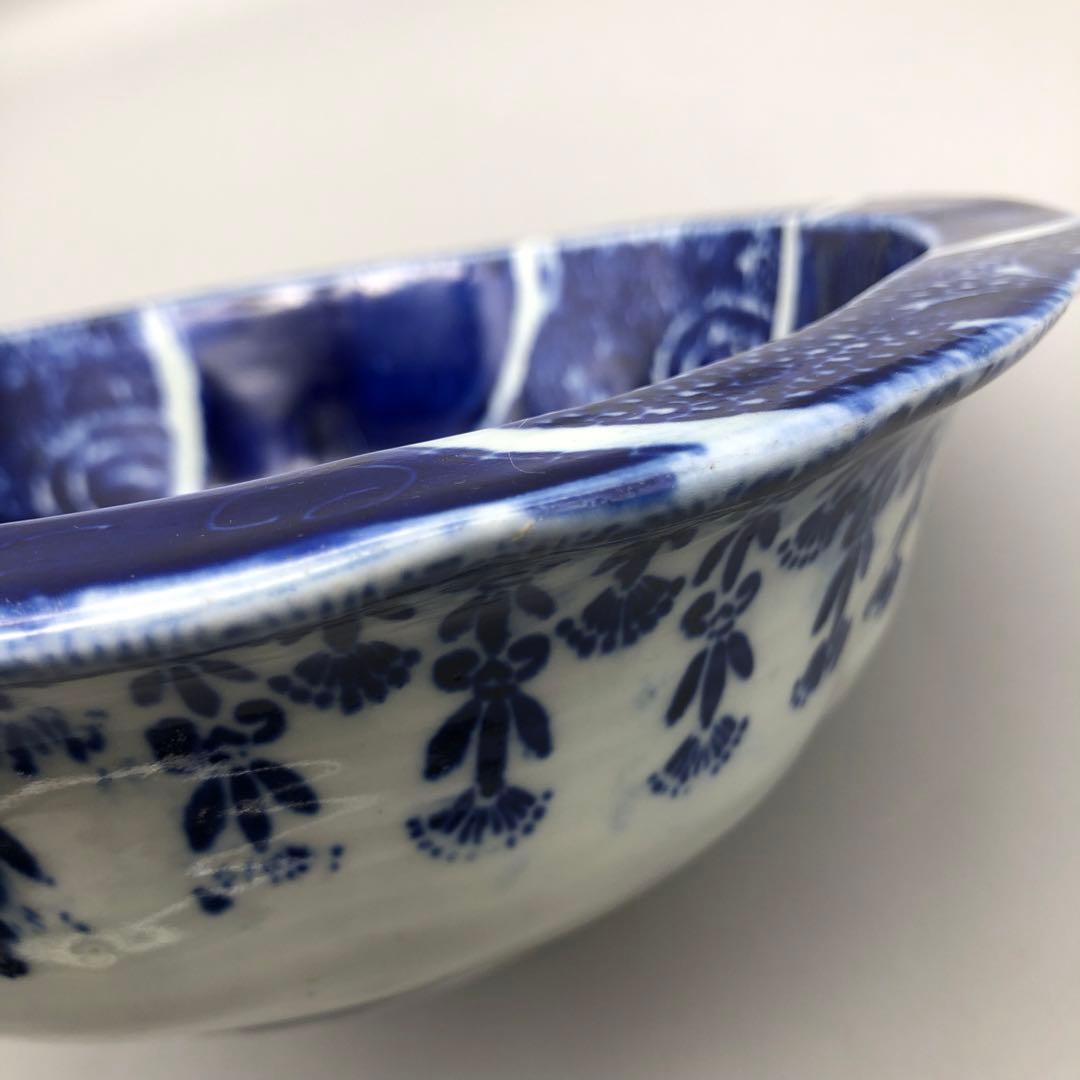 明治時代古伊万里渦巻き花微塵唐草文様ベロ藍印判手鉢ボウル26cm伊万里