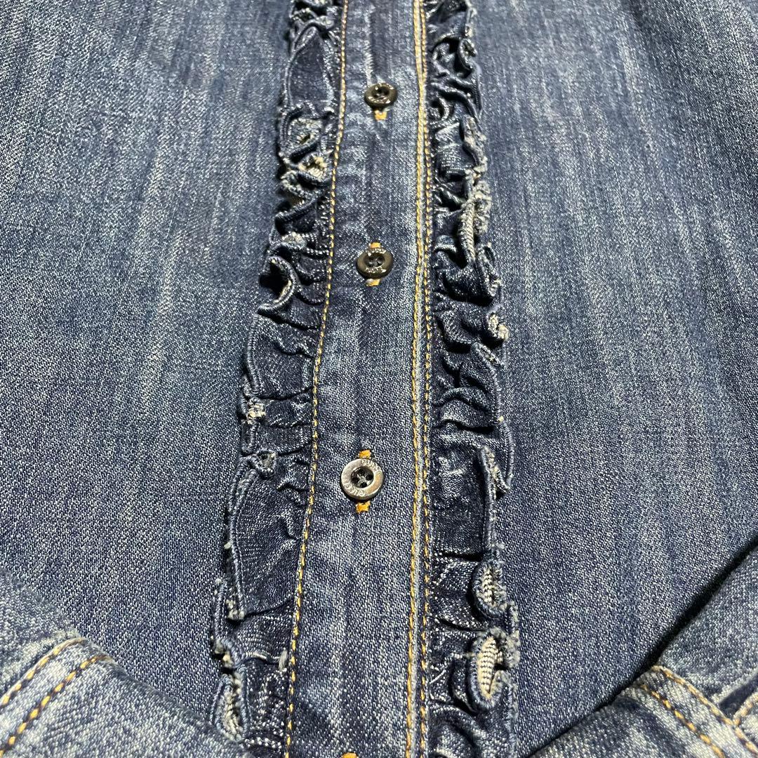グッチ】美品デニム フリルシャツ インディゴ ロゴボタン レザータグ