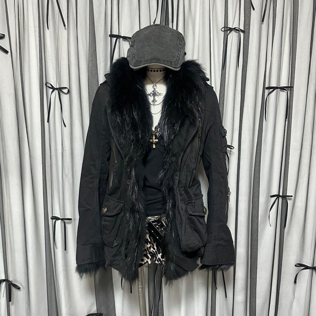 平成ギャル y2k リアルファー ミニタリージャケット ダークコア