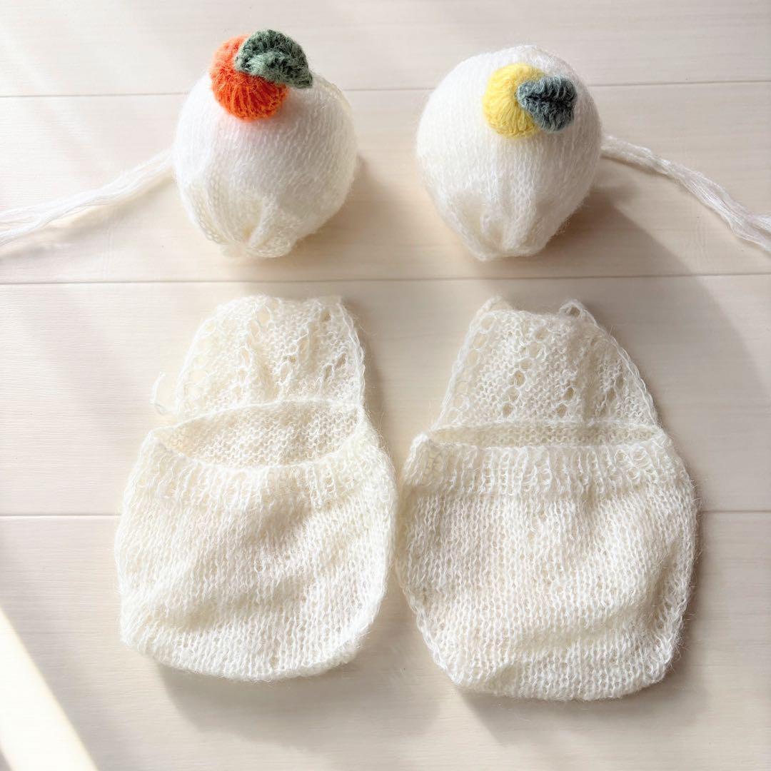 オレンジ♪鏡餅ボンネット 編み込みロンパースセット ニューボーン