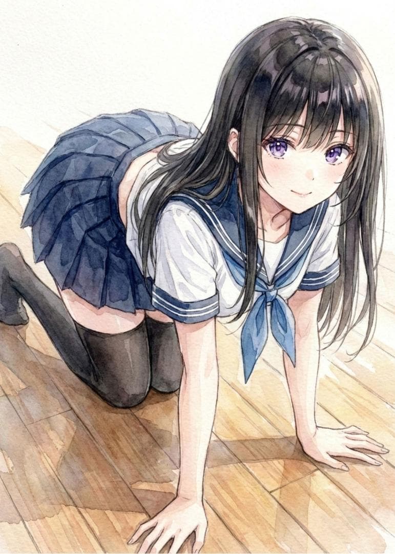 2098 セーラー服美少女四つん這い見上げ水彩風アートポスターイラスト