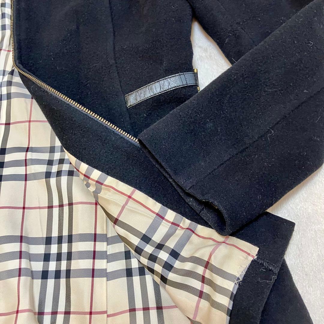 バーバリーブルーレーベル ウールコート フード付 裏ノバチェック 黒 M