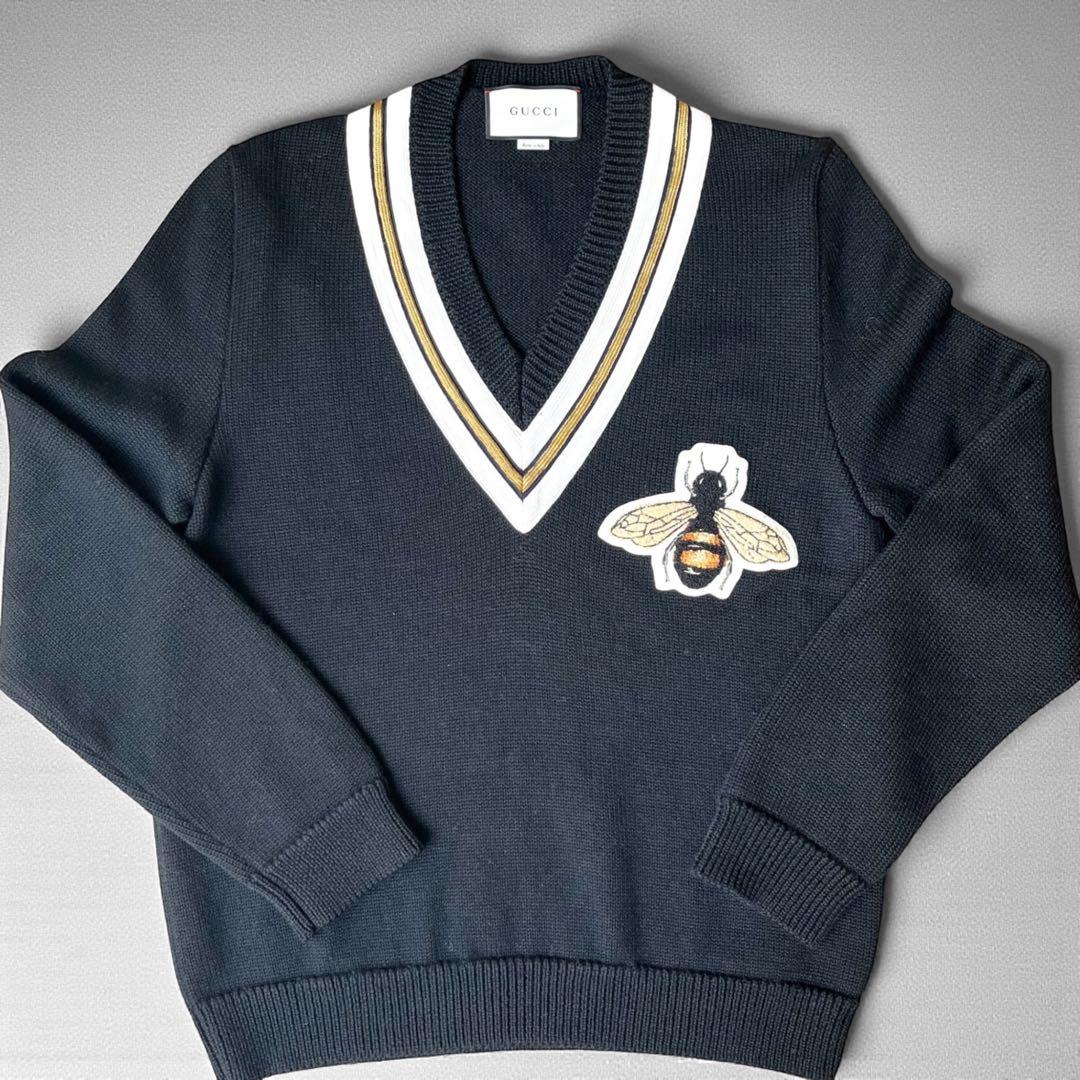 美品 グッチ ビー アップリケ Vネック セーター 蜂 ニット トップス GUCCI】【ビー（ハチ）Vネックウールニット】【イタリア製】【トップス