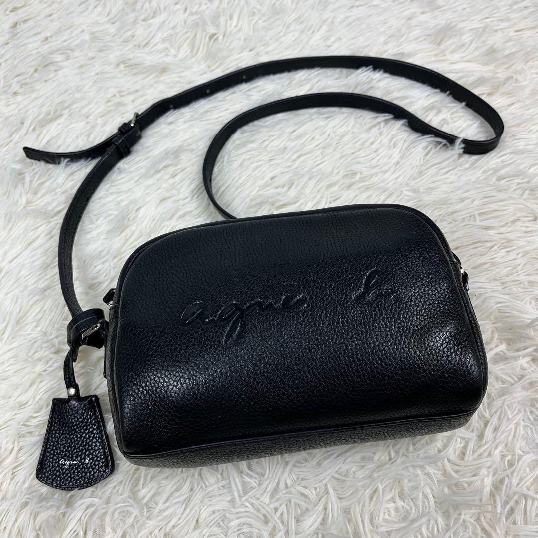 極美品】アニエスベー エンボスロゴ ショルダー レザー ブラック