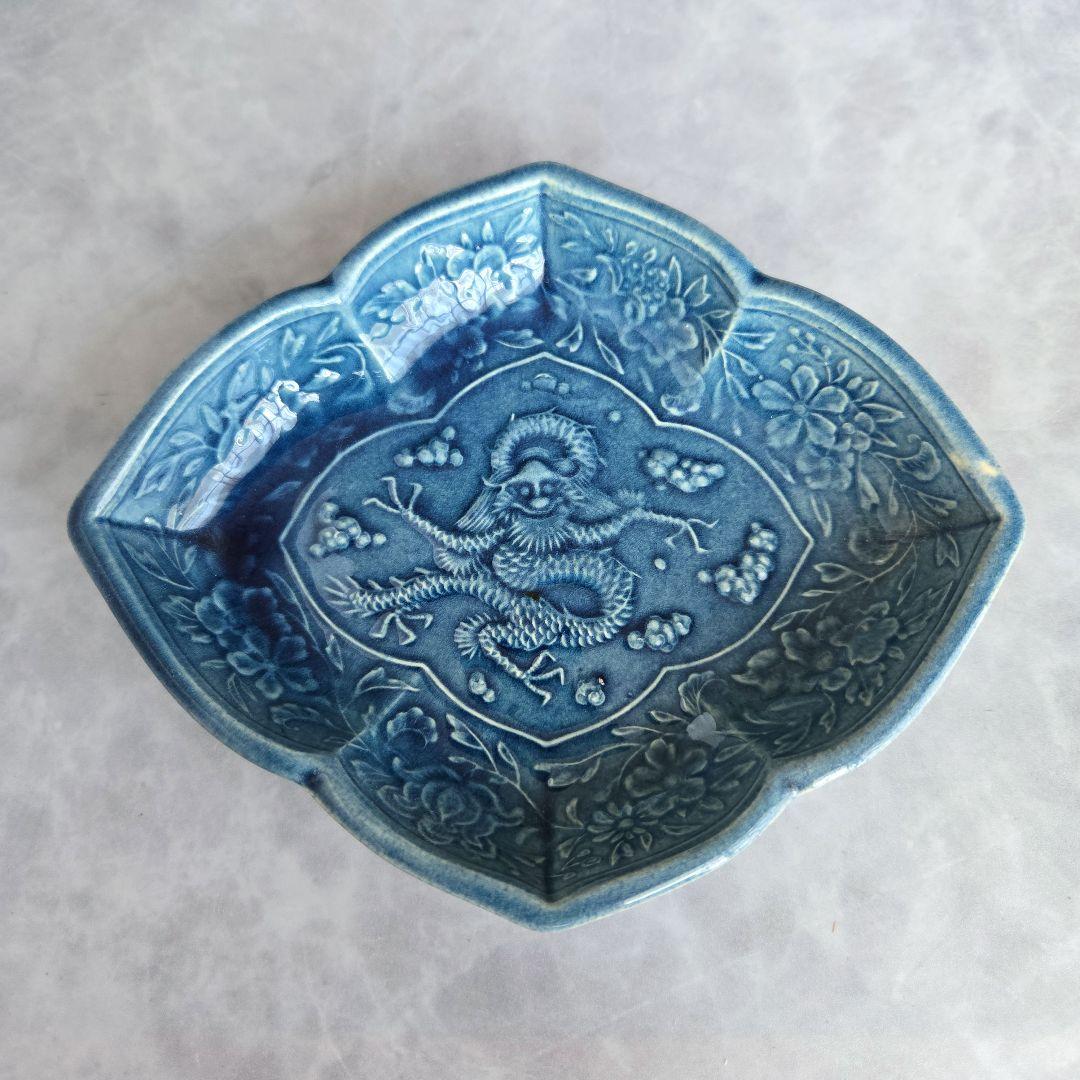 淡路　珉平焼 　小皿　ドラゴン　龍　江戸　明治　アンティーク　骨董　金継ぎ 淡路 珉平焼 小皿 ドラゴン 龍 江戸 明治 アンティーク 骨董 金継ぎ